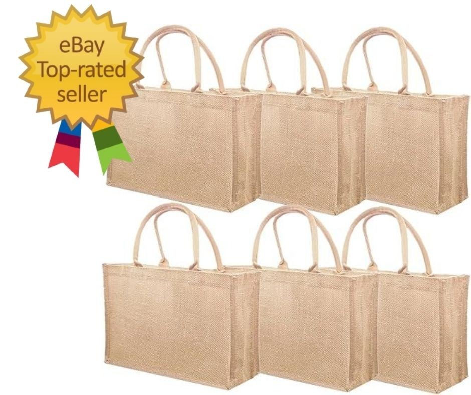 6 Pack Jute Tote Bag Reusable, Burlap Beach Bags with Sturdy Rounded Handles,…