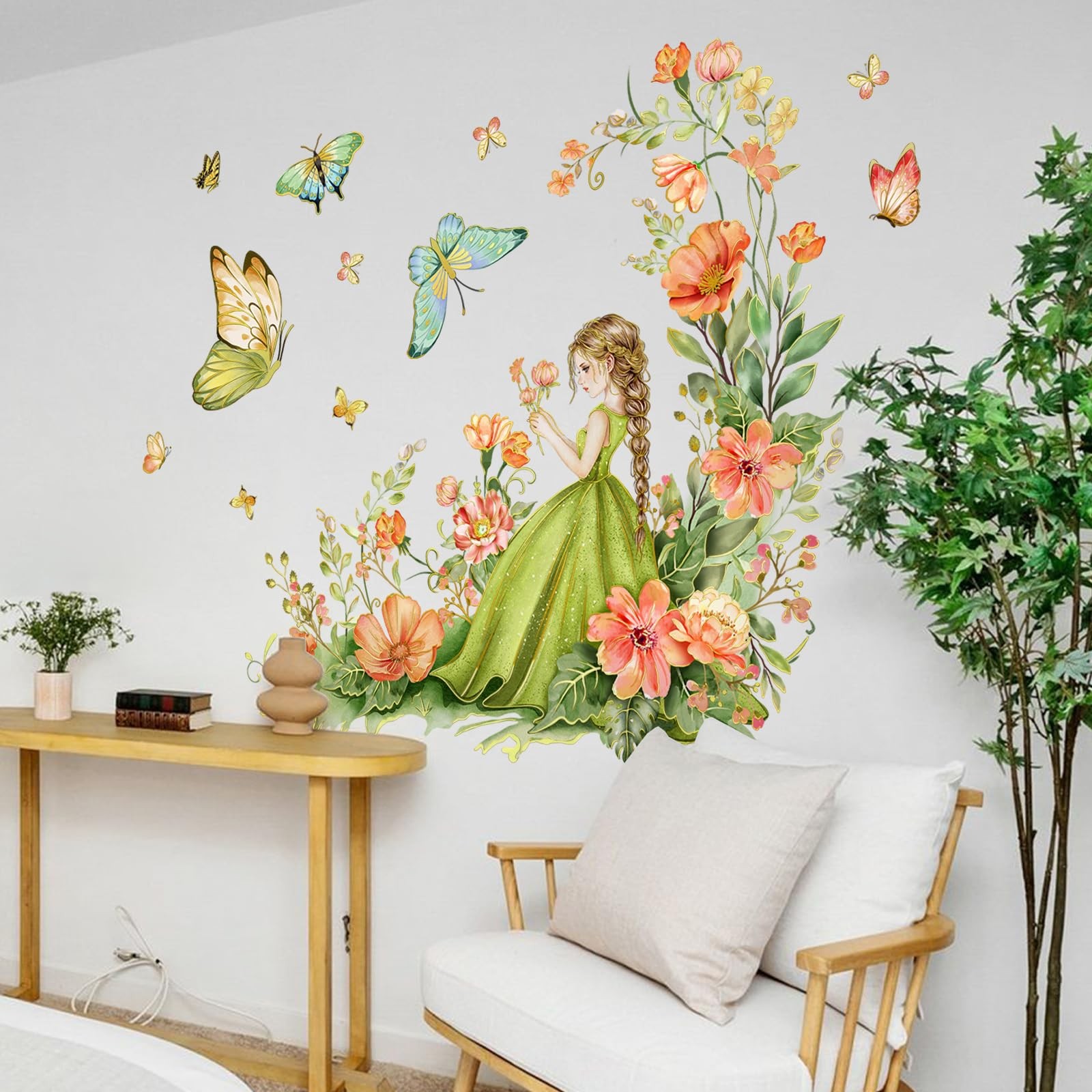 Flower Fairy and Butterfly Wall Stickers Fantasy Theme Wildflower with Colorf…