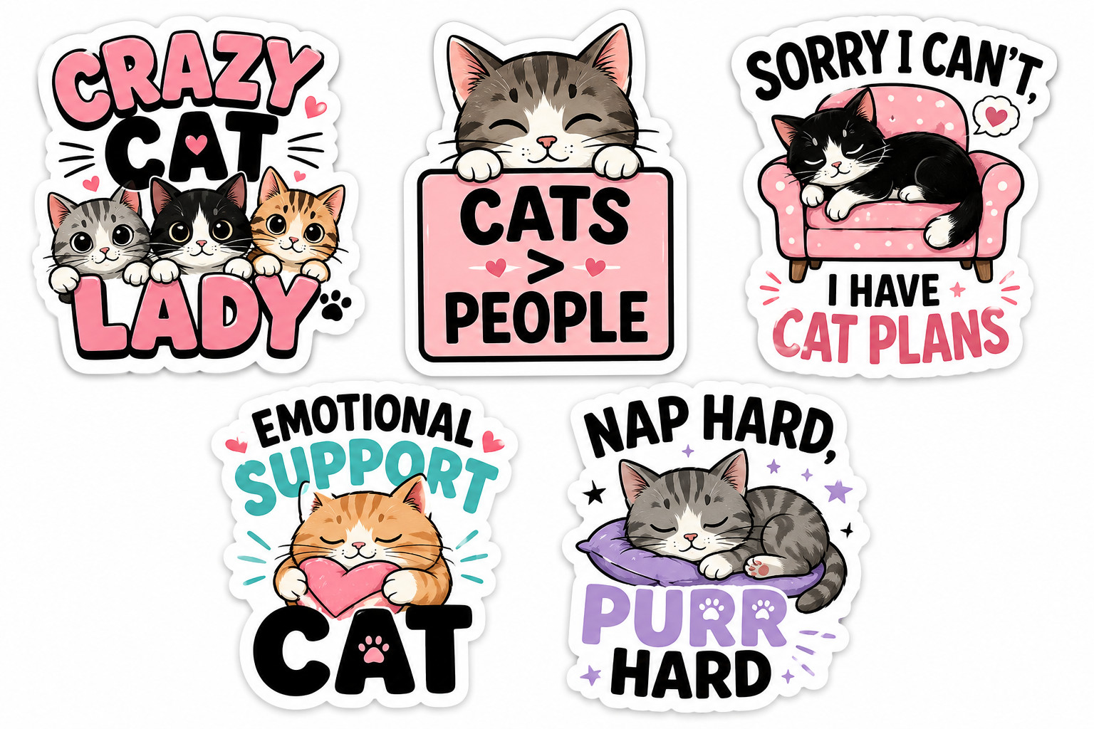 Cat Sticker 5-Pack Cute Funny Vinyl Decals Crazy Cat Lady Emotional Support Cat