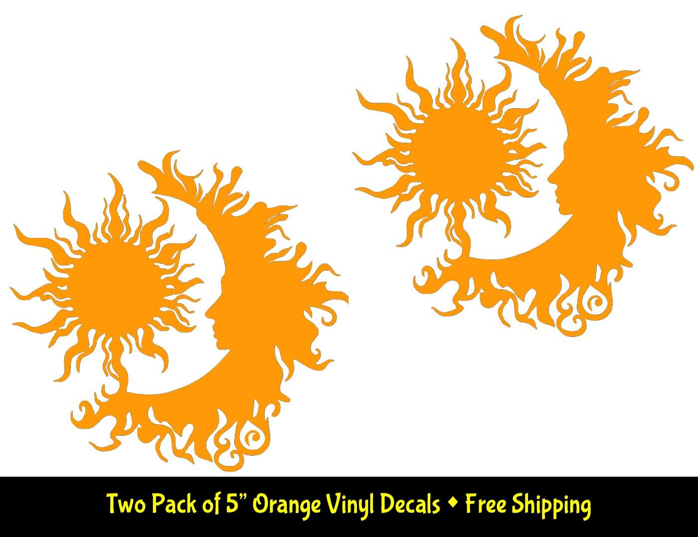 Sun & Moon Graphic Design 2 Pk 5" Orange Vinyl Decal Car Window Any Flat Surface