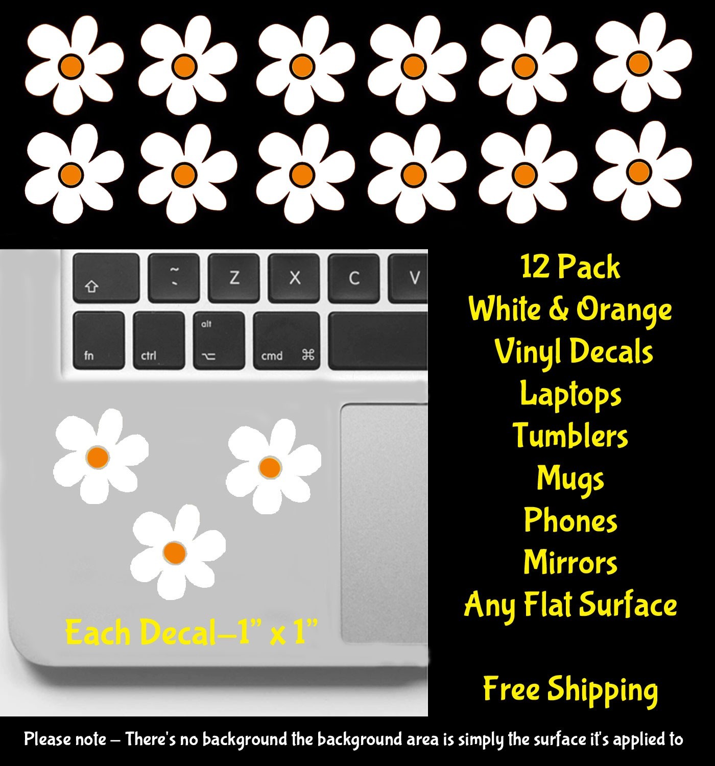 Daisy Hippie Flowers 12 PK 1" White & Orange Vinyl Decals Any Flat Surface
