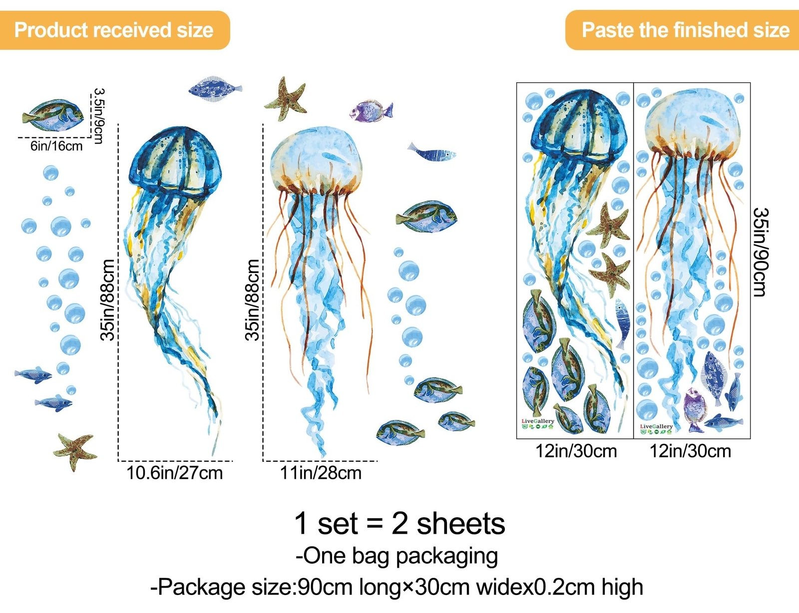 Creative Watercolor Blue Jellyfish Wall Decals Under The Sea Fish Animals Wal…