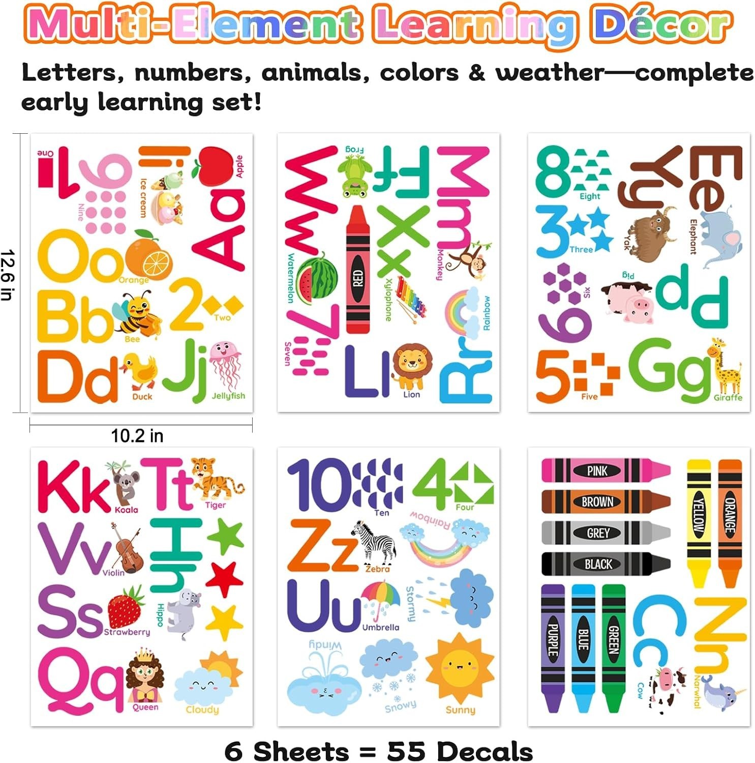 Educational Wall Decals for Kids Animal Alphabet Numbers Colors Classroom Decor