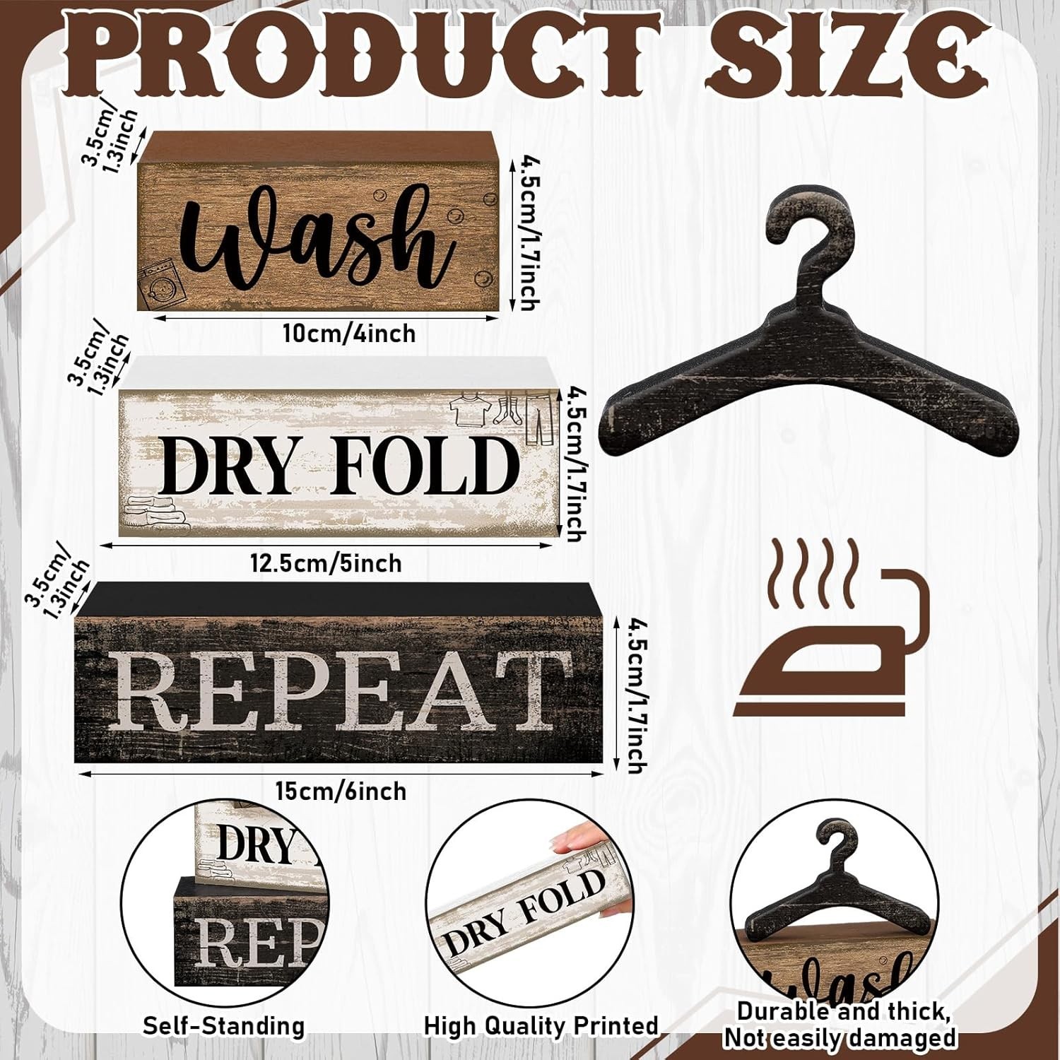 4 Pcs Farmhouse Laundry Room Decor Stacked Blocks, Wash Dry Fold Repeat Woode…