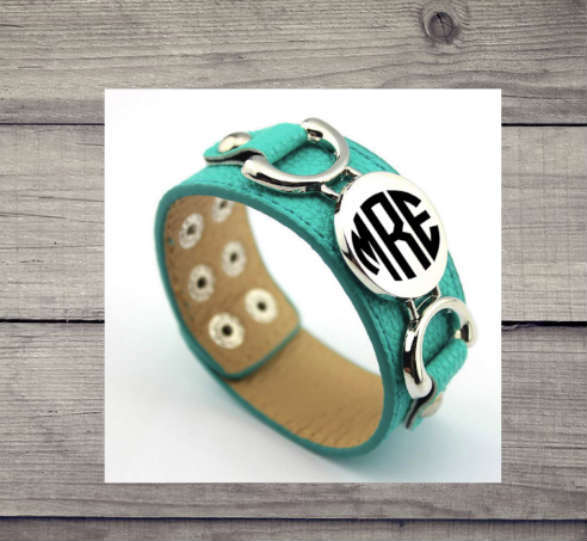 Leather cuff bracelet with monogram – Gold or Silver tone – tons of great color