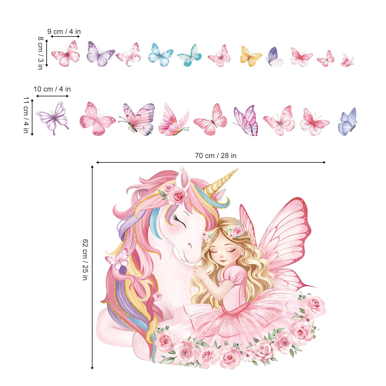 Large Unicorn Wall Stickers Pink Fairy Girl Butterfly Wall Decals Baby Nurser…