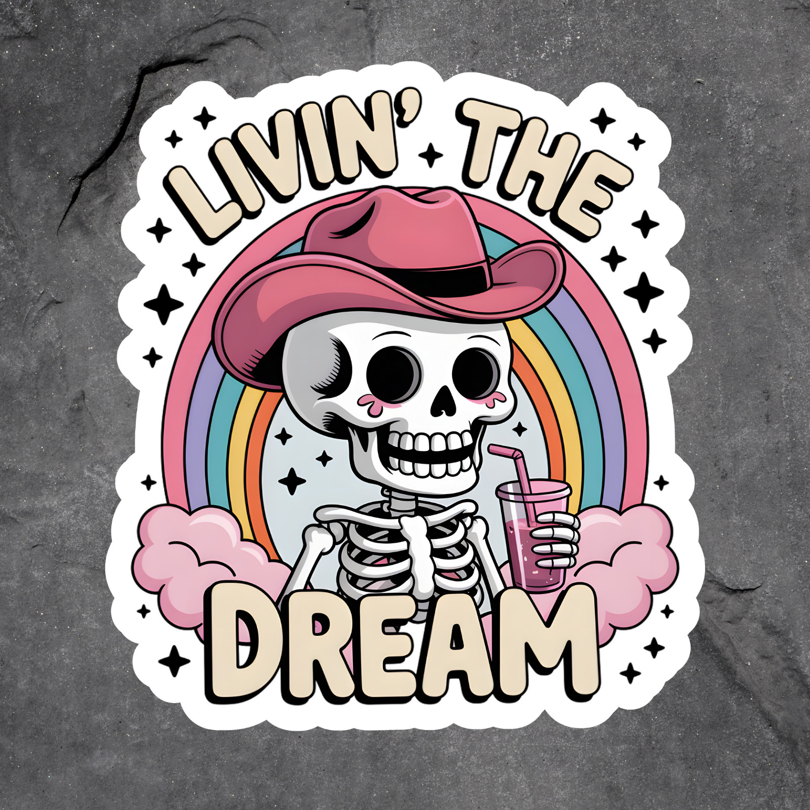 Skeleton sticker vinyl decal livin the dream rainbow cowboy hat funny gothic