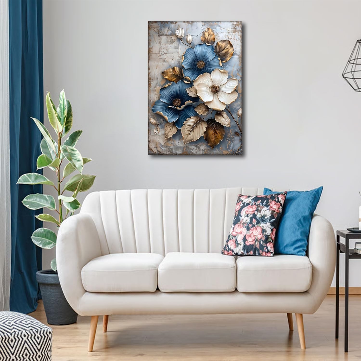 Modern Floral Canvas Wall Art Blue and White Flower Market Wall Decor Picture…