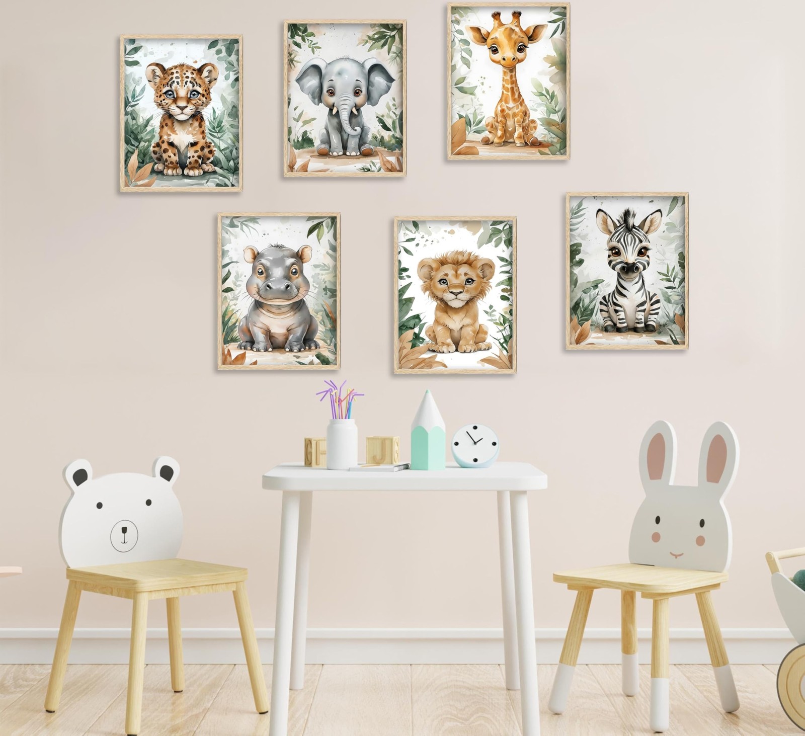Baby Boy Safari Animal Wall Art Watercolor Theme Nursery Painting Picture Wal…