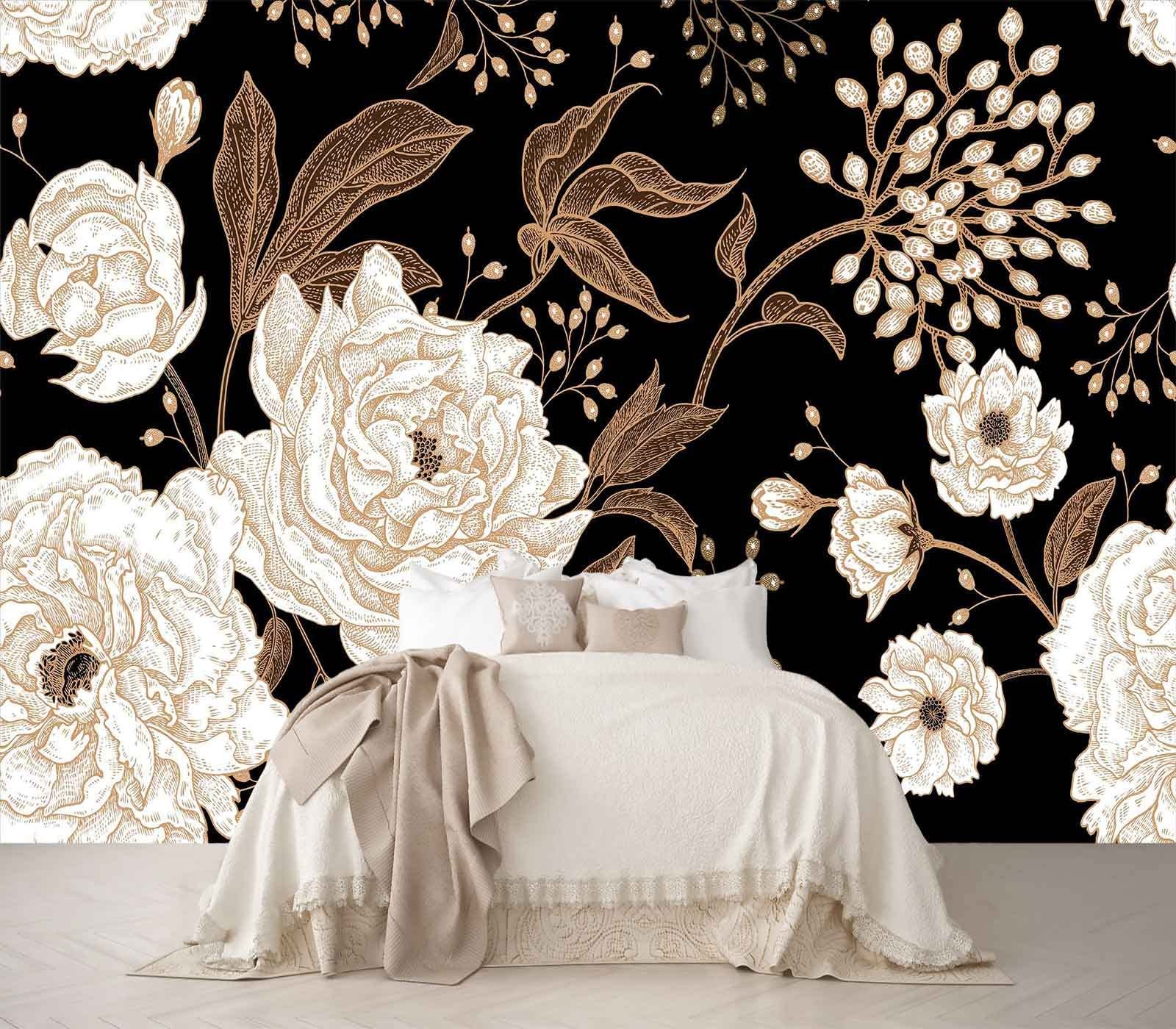 Wall Mural Peonies and Roses Floral Vintage Wallpaper Seamless Gold White Flo…