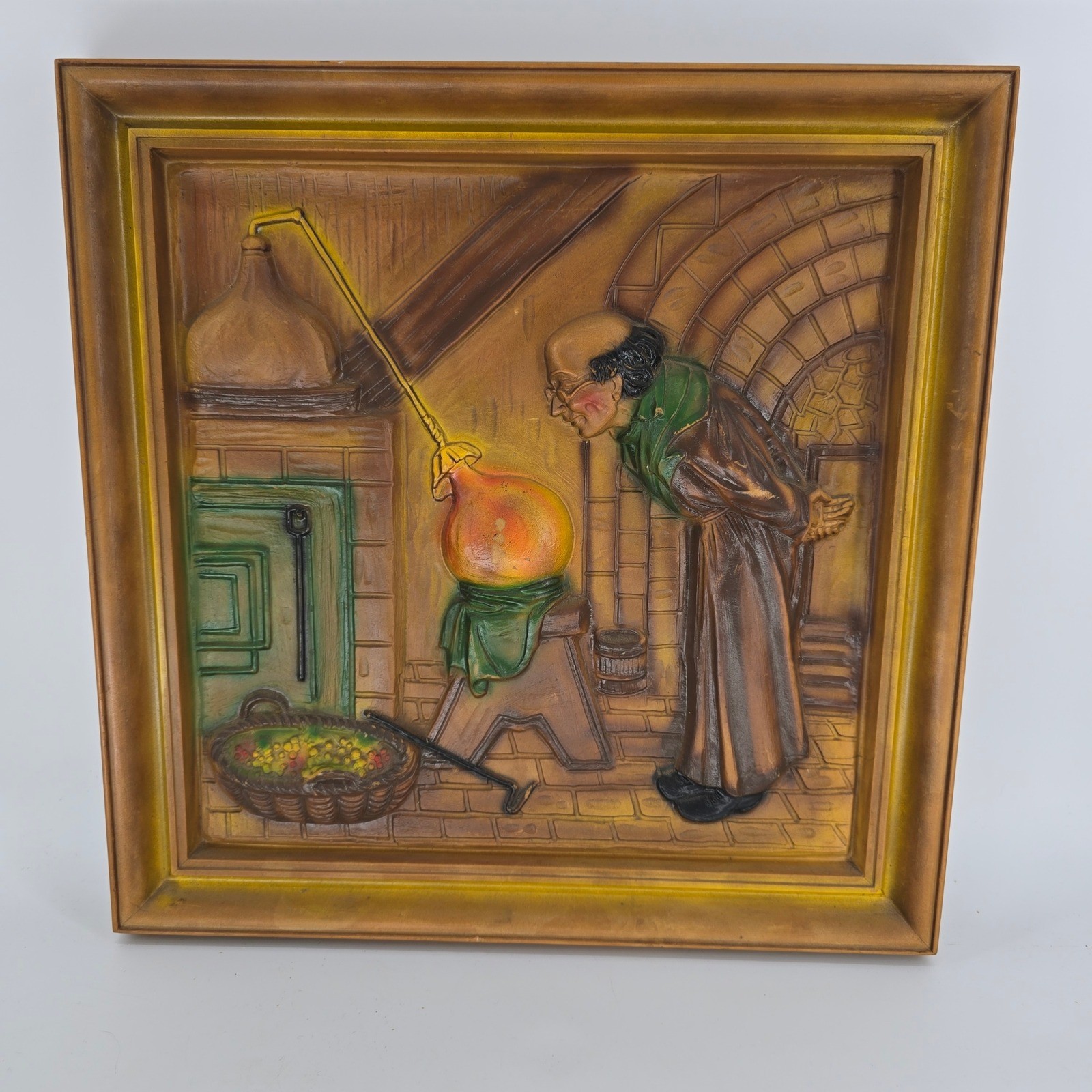 Vintage Italian 3D Faux Wood Plaques Set Mod Dep Spitzweg Alchemist Poor Poet