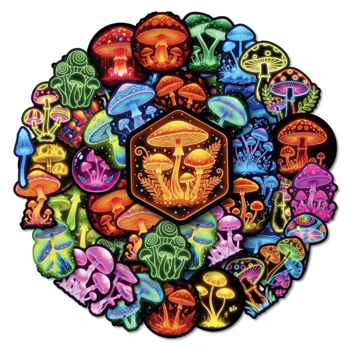 Neon Mushroom Colorful Style Stickers 50pk Mixed Shrooms Stickers FREE SHIPPING