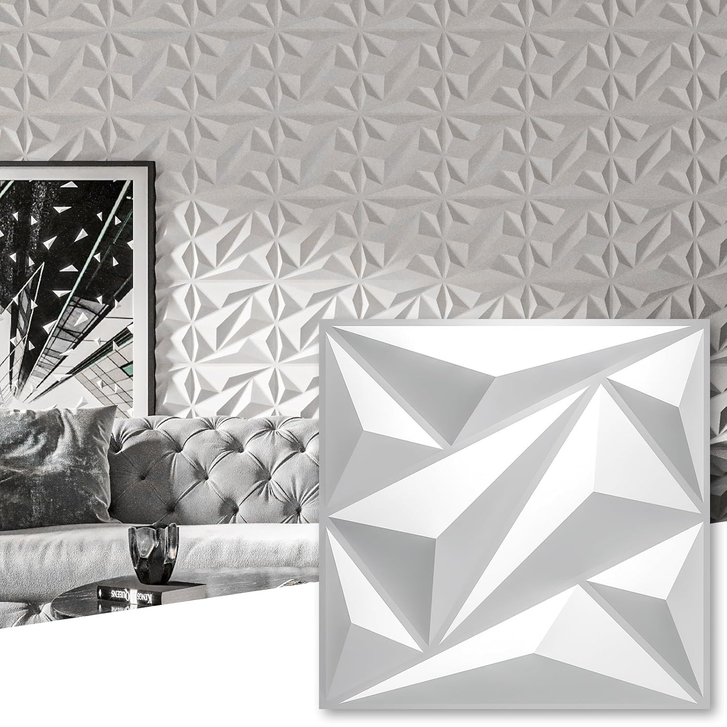 33 Pack 3D Wall Panels Diamond, Black, 12"X12" | PVC Accent Wall Panels for In