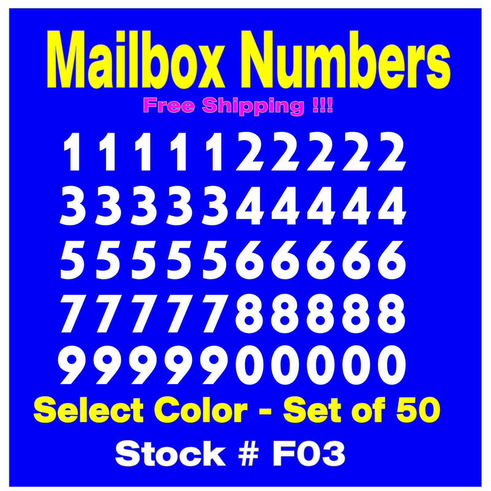 Mailbox NUMBER Vinyl Decals Set of 50 Numbers SIZES 1/2" up to 4" STK# F03