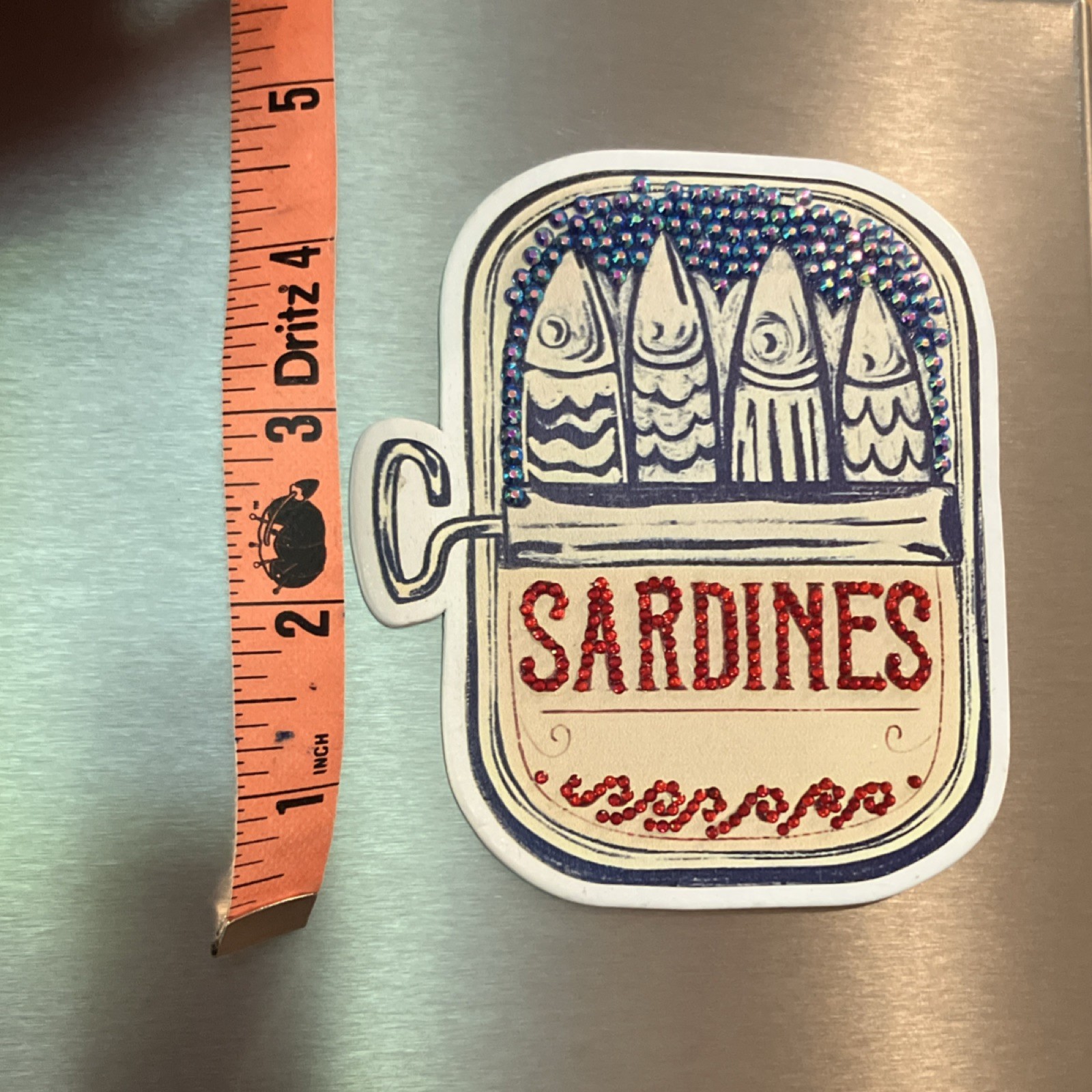 Sardines Tin Can painted wood Magnet glass gemstones Gift office kitchen decor