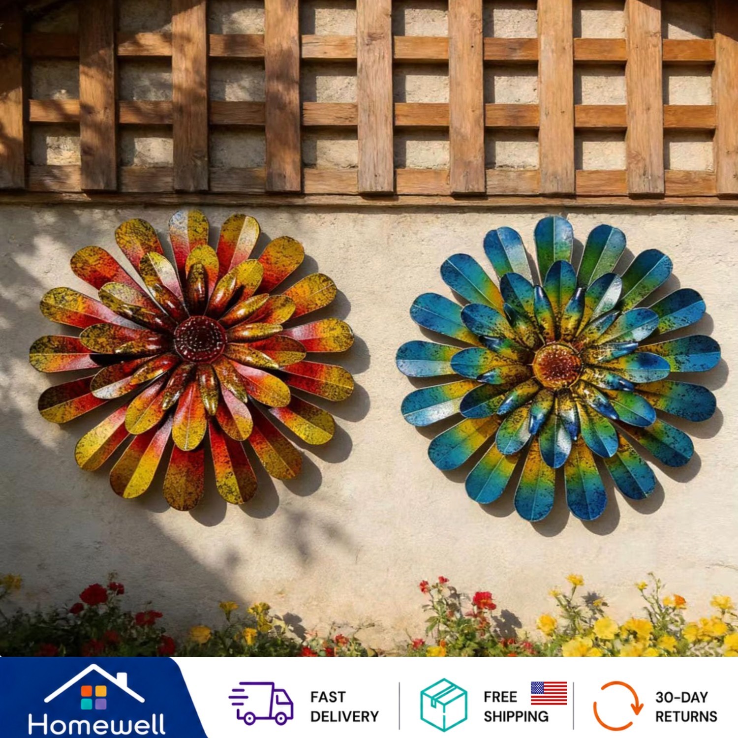 Elegant 2 Pack 12-Inch Hand-Painted Metal Flower Wall Art – Indoor & Outdoor