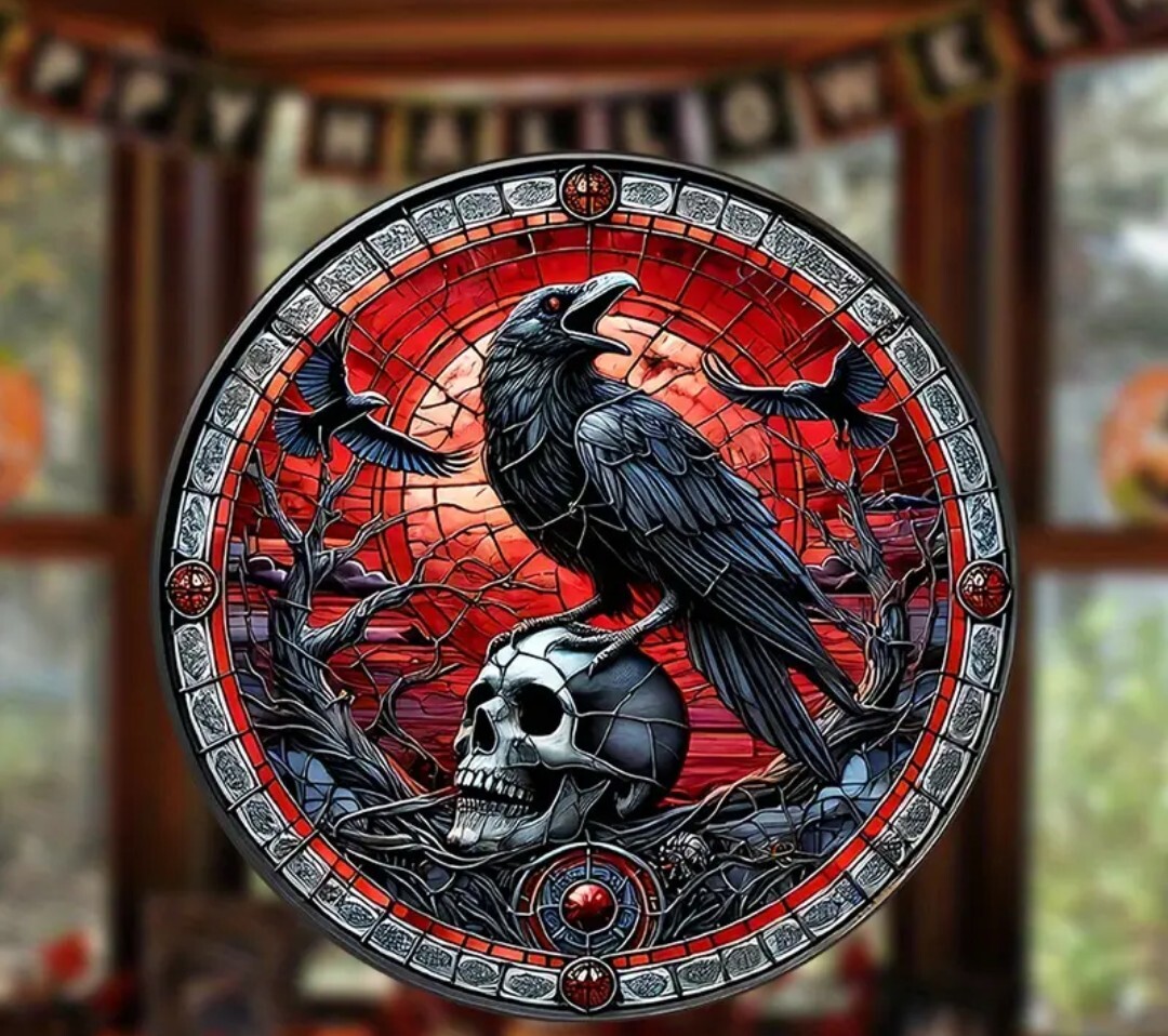 Halloween Gothic Decor – 9" Crow & Skull Window Cling, Static-Free PET Glass…
