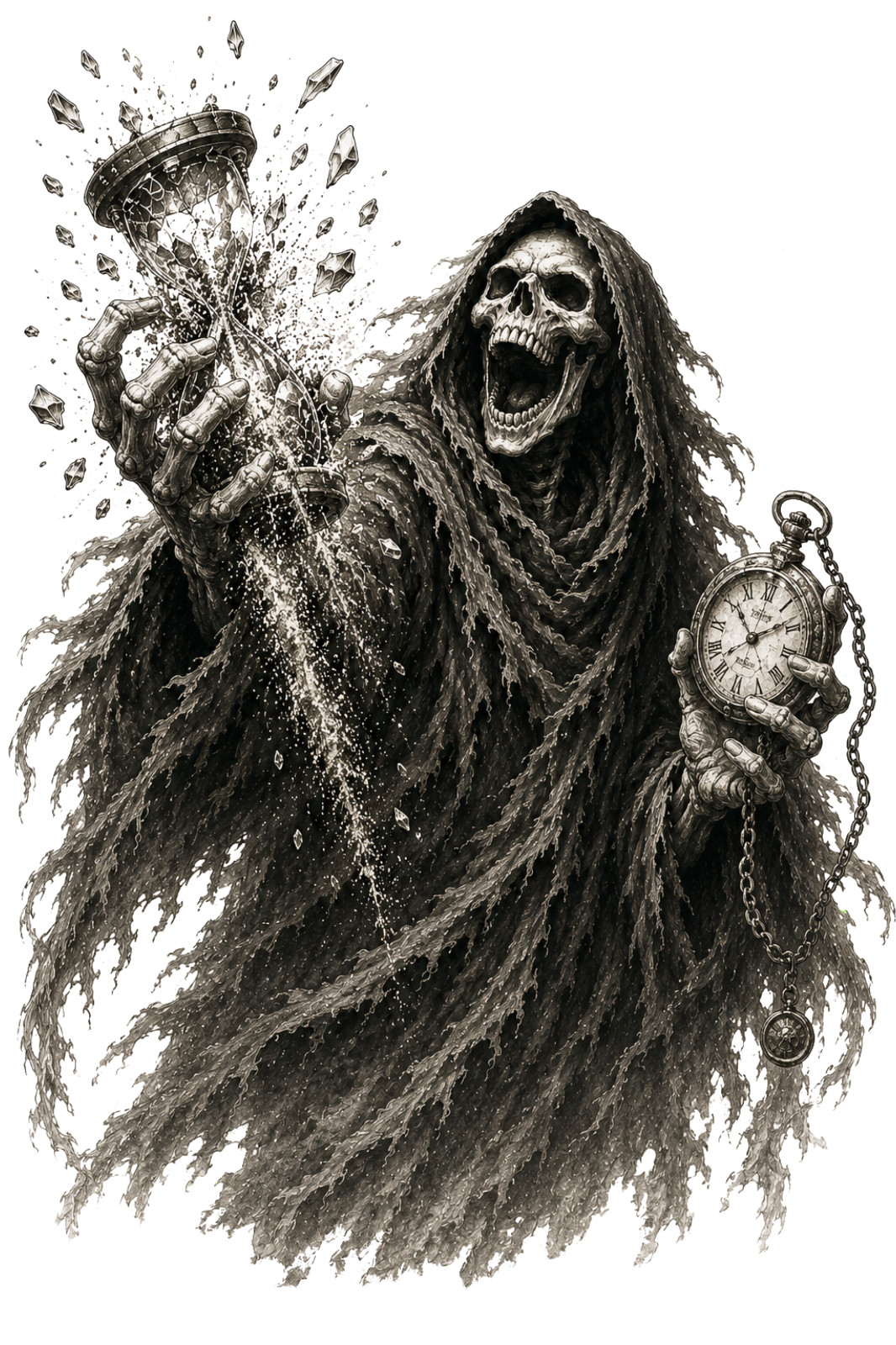 Grim Reaper Crushing Hourglass & Holding Pocket Watch Horror Vinyl Sticker Decal