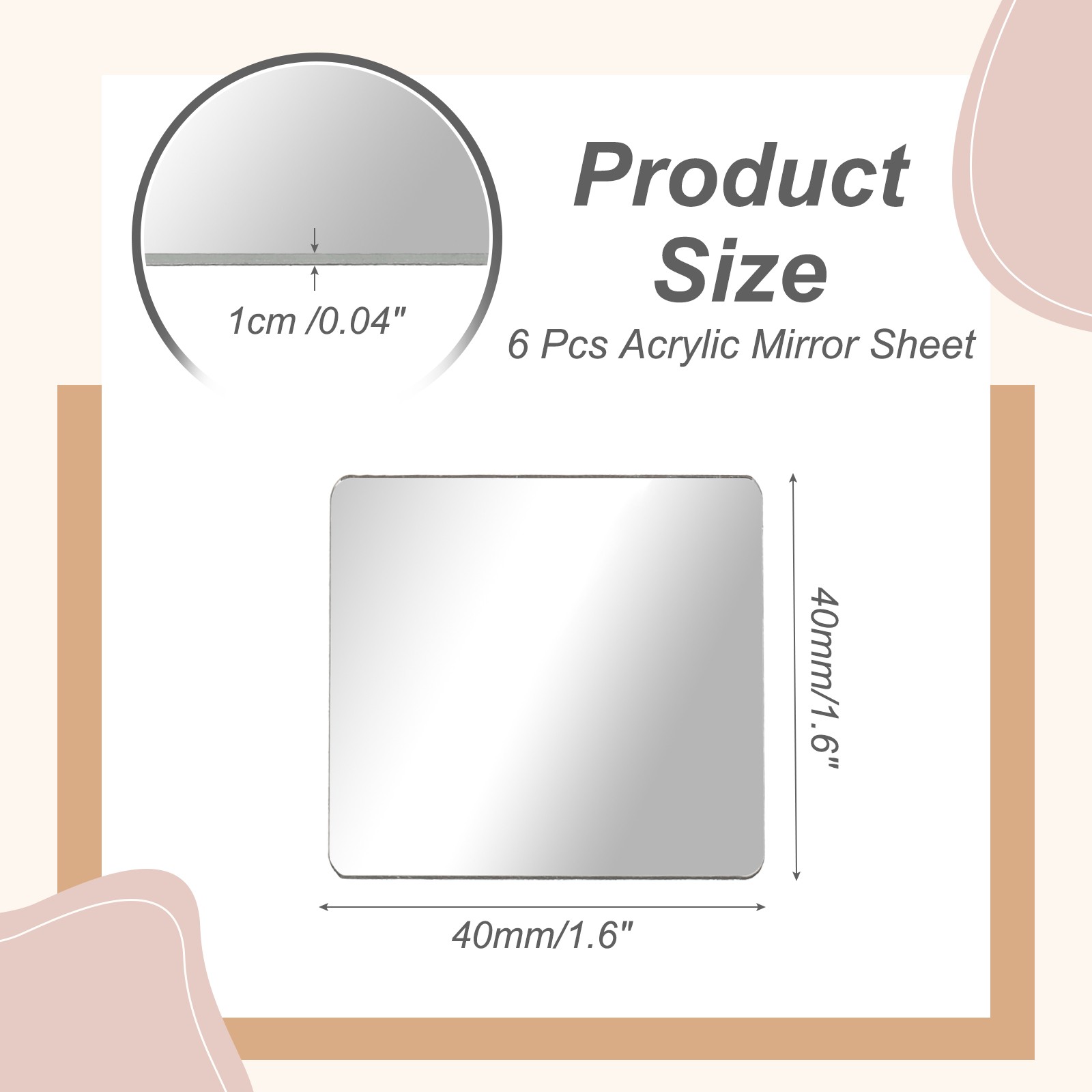 6Pcs Acrylic Mirror Sheet, 1.6" Square Self Adhesive Mirror