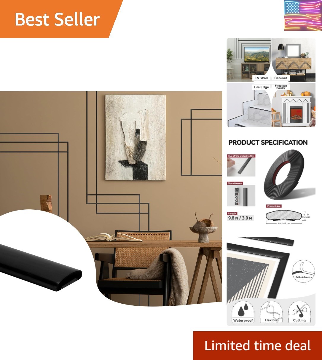 9.8 Ft Peel and Stick Wall Molding Trim, Matte Black Self Adhesive Flexible T…