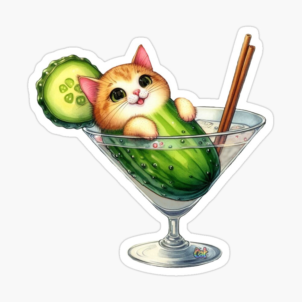Pickle Cat Martini Sticker C Autumn Trapp Original Art 3" x 3"