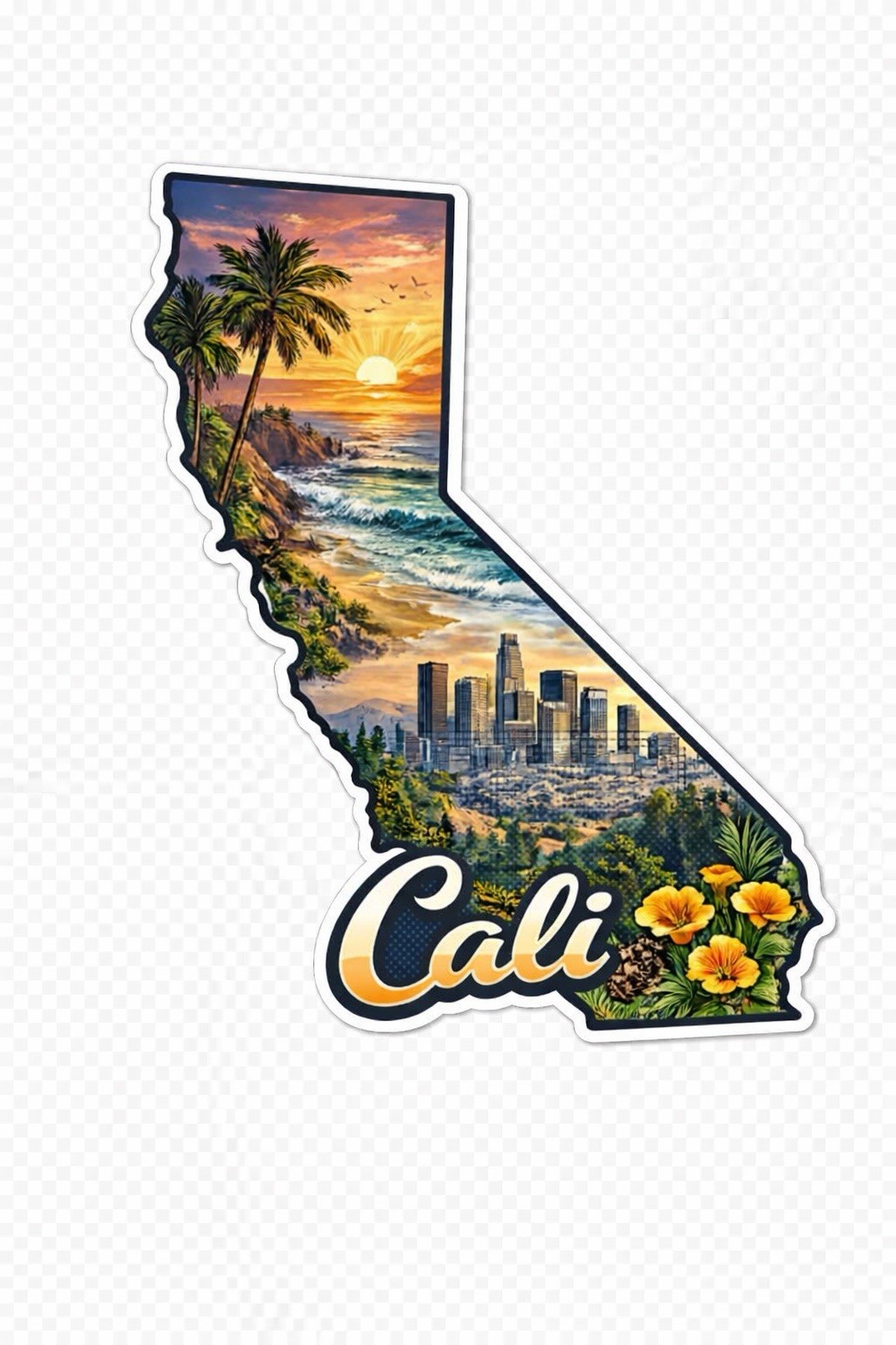California Cali Sticker State Shape Beach Sunset Vinyl Decal Travel Souvenir