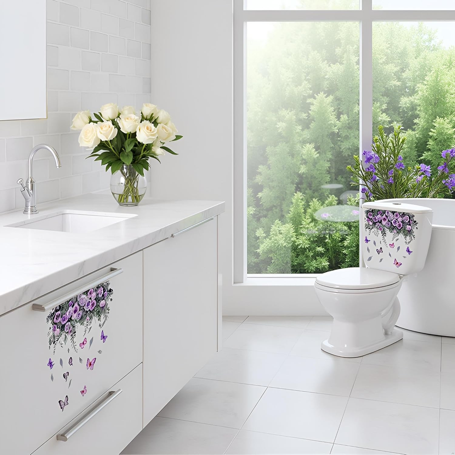 Botanical Bathroom Stickers with Purple Roses, Waterproof Removable Decals for T