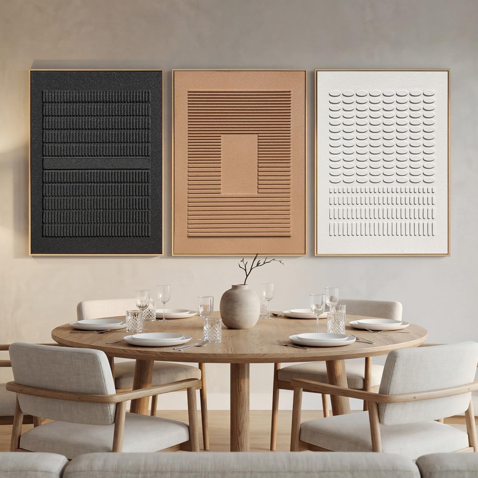Large 3D Textured Framed Wall Art for Living Room, 3 Piece Minimalist Geometr…