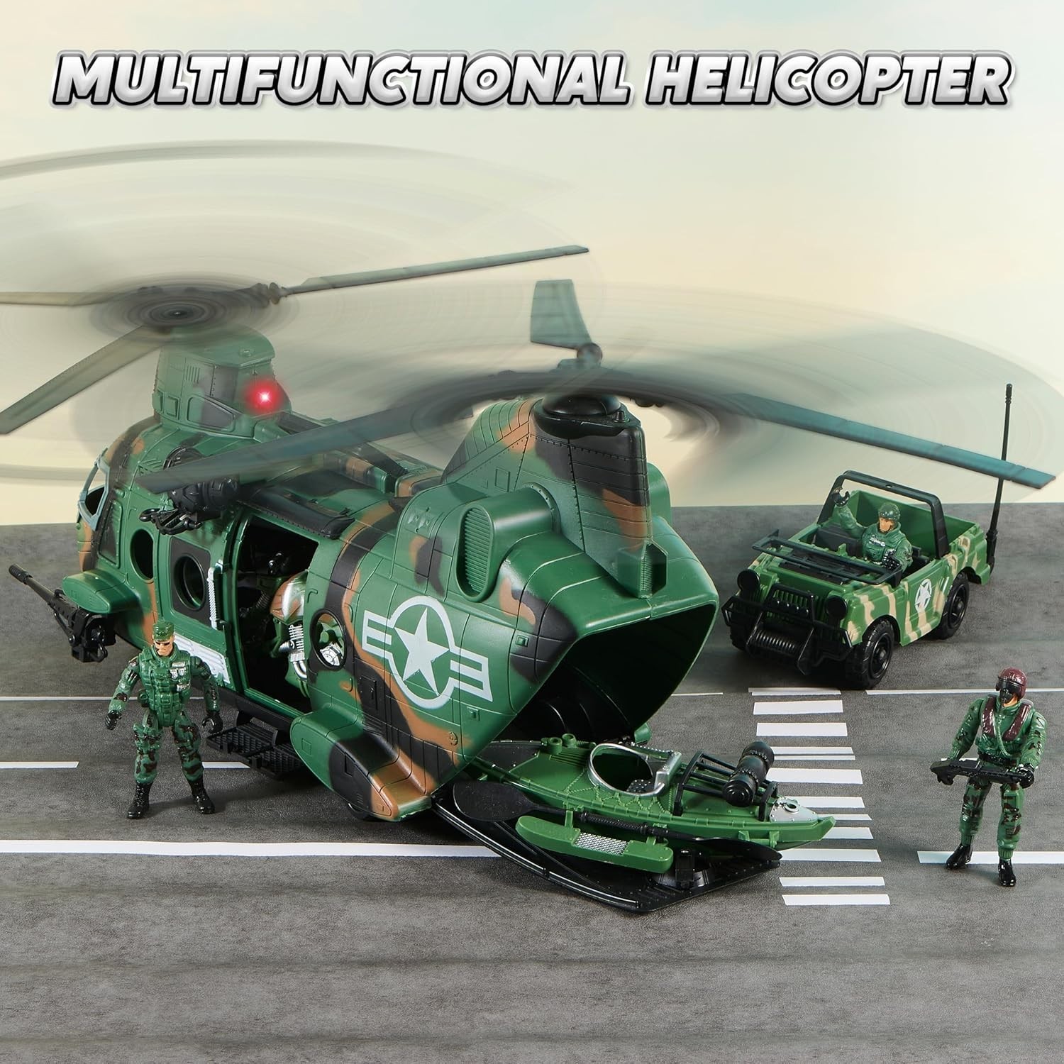 10-In-1 Military Helicopter Toys Set with Light, Sound, Trucks, Boat, Bike, Army