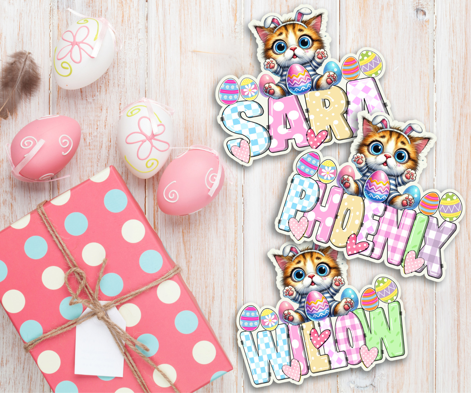 Personalized Easter Cat Name Sticker, Waterproof Vinyl Decal, Cute Gift for Kids