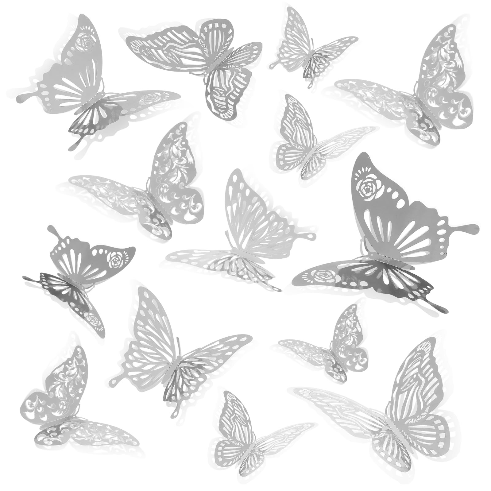 Thinp 48pcs Butterflies for Bouquets & Wall Decor – 4 Styles, 3 Sizes, Silver