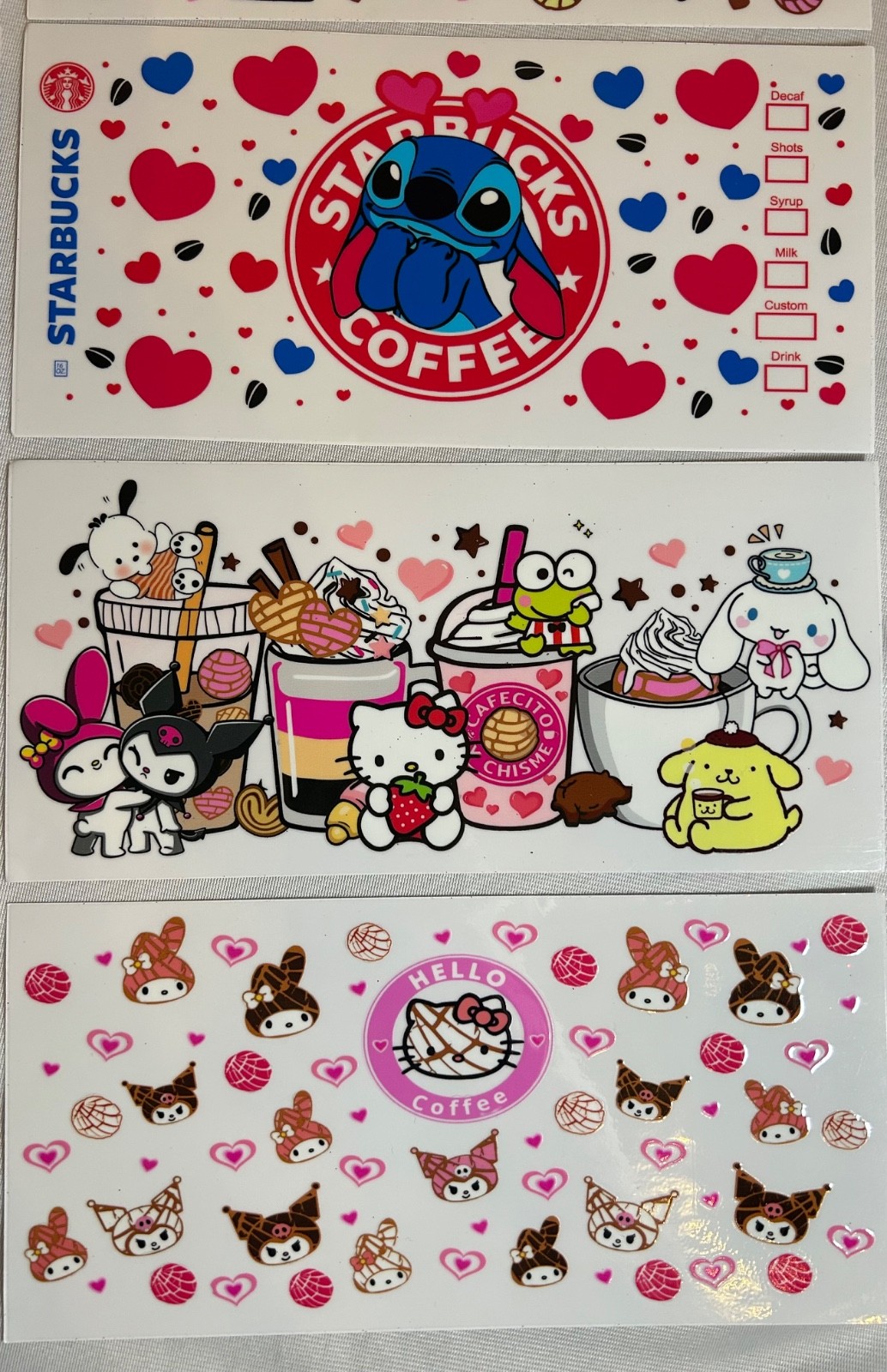 Set of 8 Hello Kitty Stitch Coffee Hearts Transfer Cup Wraps