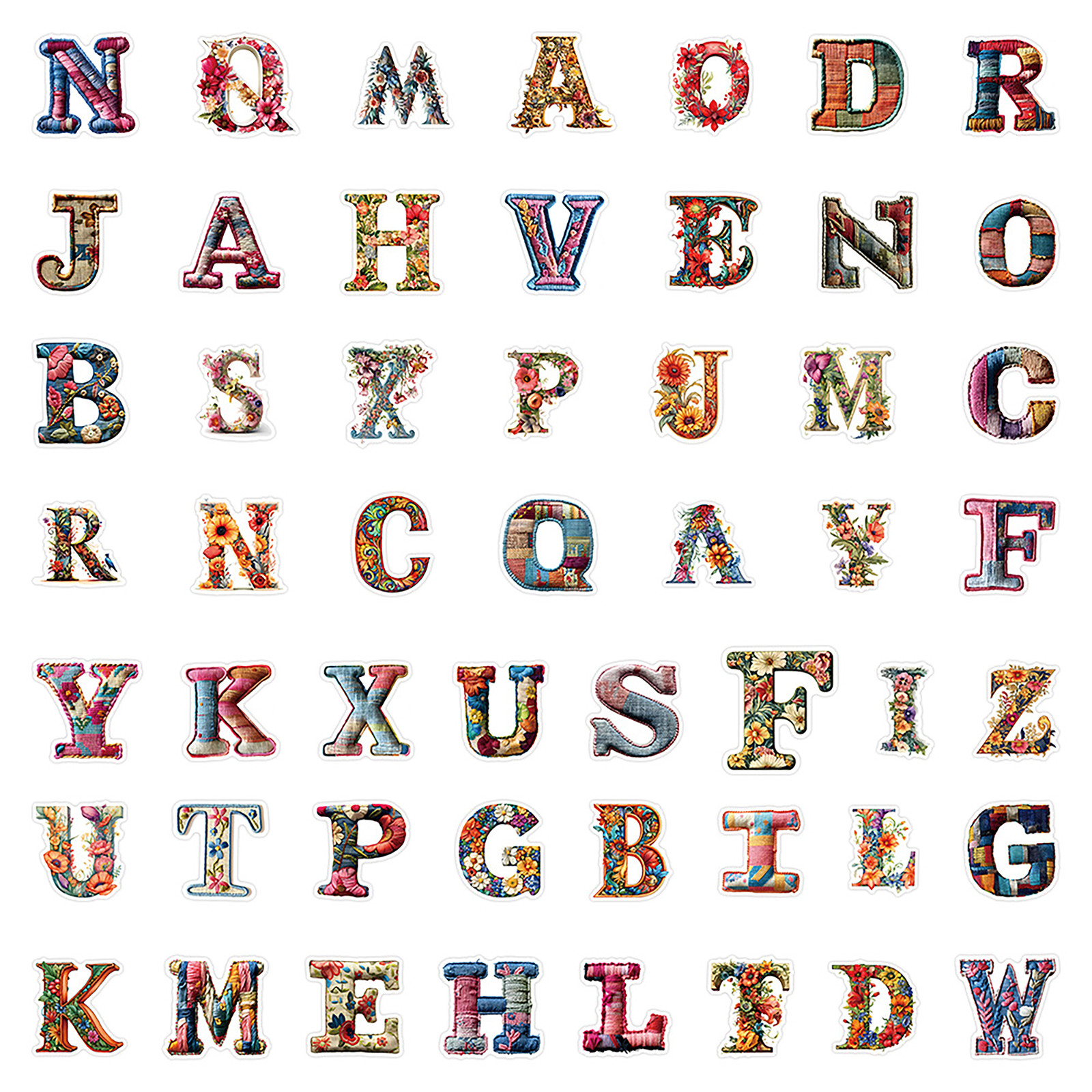 52 PCS Floral Alphabet Sticker Pack Knitted Patchwork Decorative Letters Crafts
