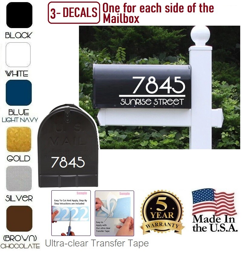 SET OF 3 CUSTOM PERSONALIZED VINYL MAILBOX NUMBERS Street DECAL, (Model 2)