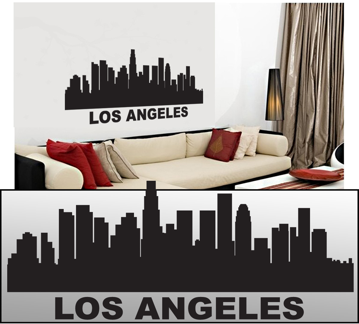 FGD Los Angeles Skyline Vinyl Wall Decal / Sticker in White or Black 20" x 50"