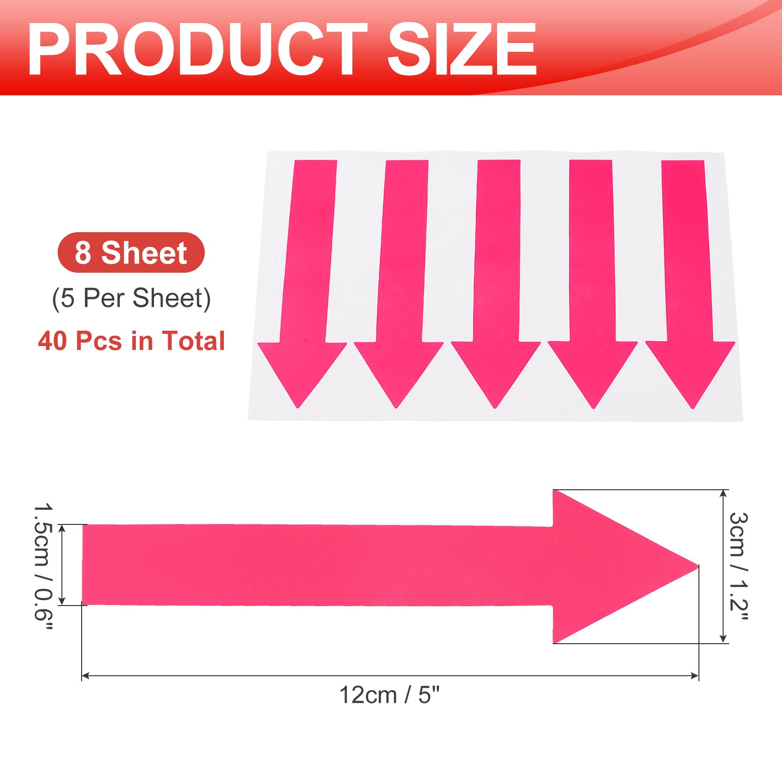 Arrow Sticker, (5×1.2 Inch, Rose Red) (40 Pcs), Waterproof Arrow Sign Sticker