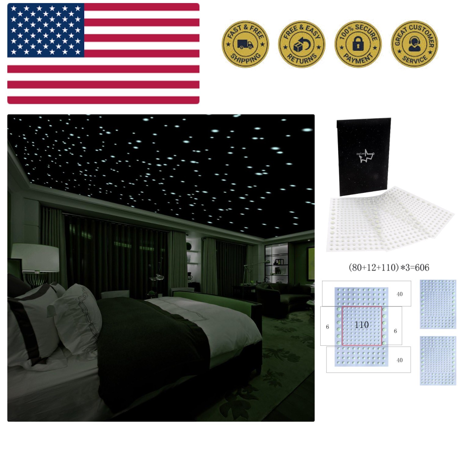 Realistic 3D Domed Glow in The Dark Stars,606 Dots for Starry Sky, Home Decor…