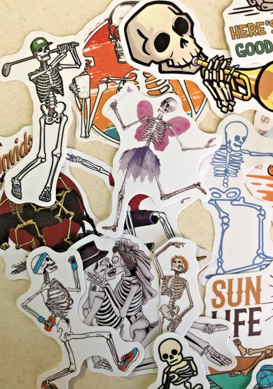 Surf's Up Skeletons Stickers – Handmade, Vinyl Waterproof Set of 20
