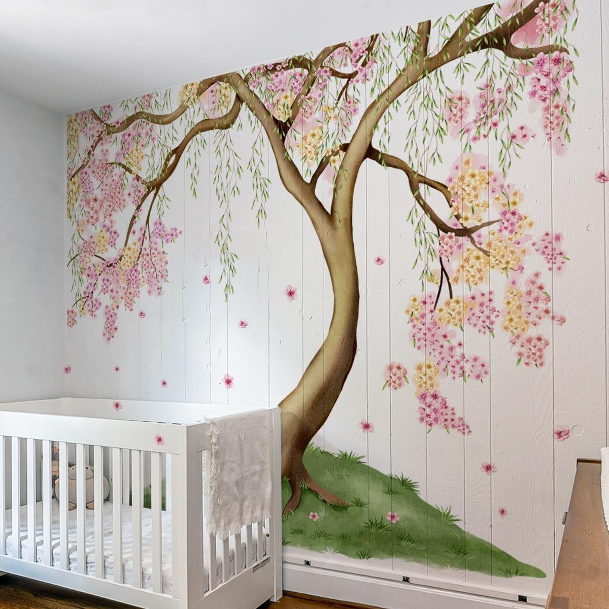 Large Pink and Yellow Cherry Blossom Tree Wall Decals Green Leaves Wall
