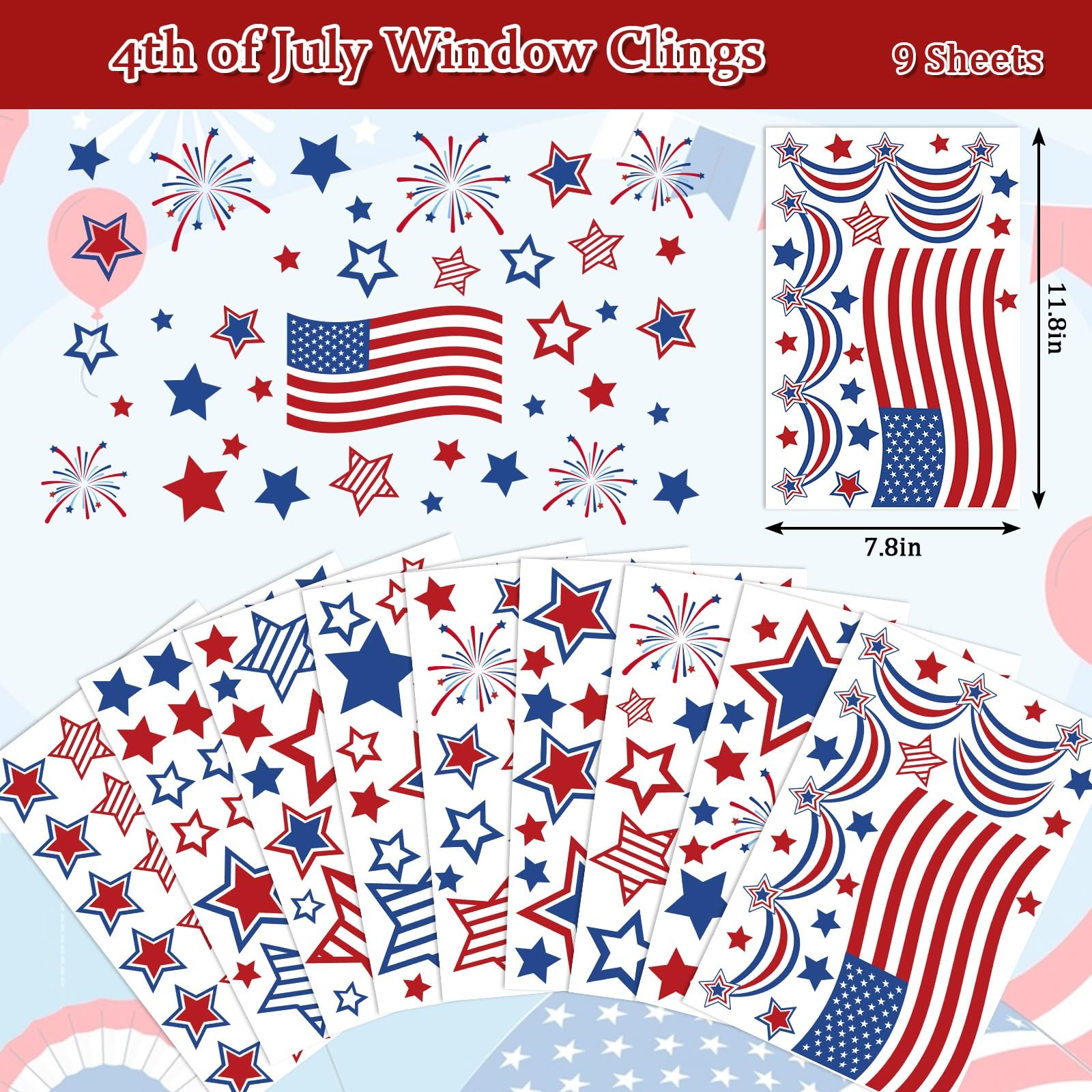 FYSUIMU 9 Sheets 4th of July Window Clings American 7.1 x 11.8 inch, Blue Red