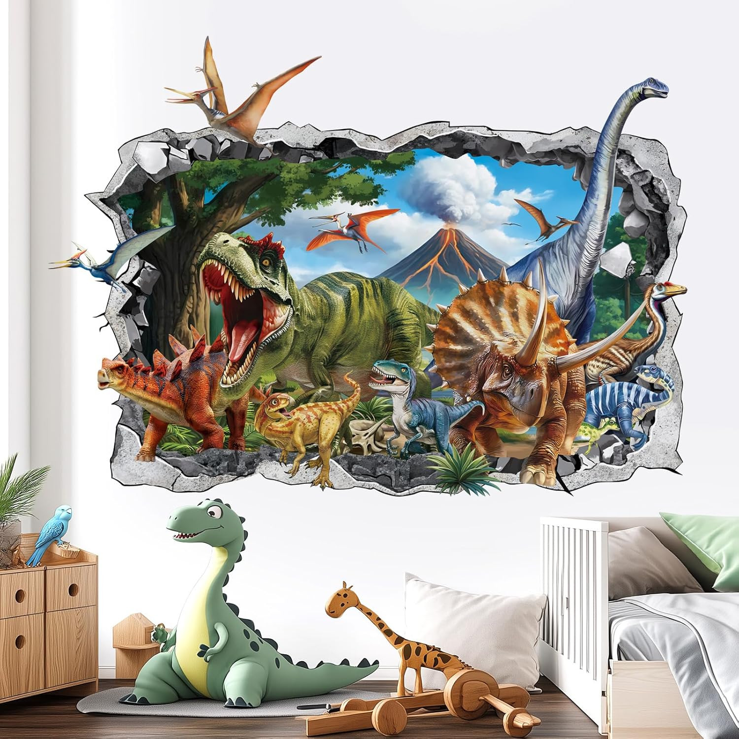 3D Dinosaur Wall Stickers Large Dino Crack Hole Dinosaur Animals Volcano Wall De