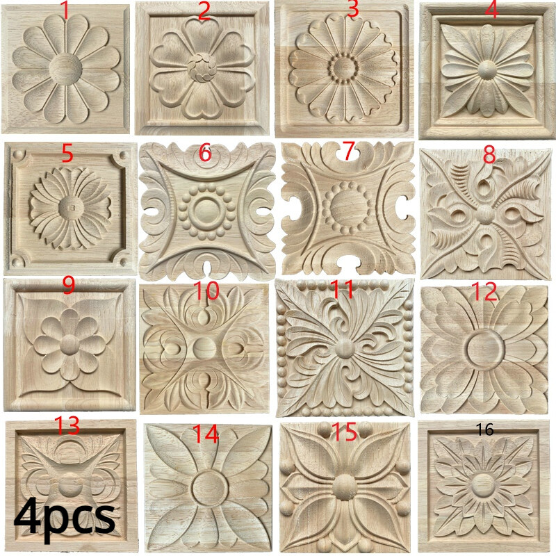 4 pcs Wood Carved Applique Onlay Square Carving Decal Unpainted decal Decor