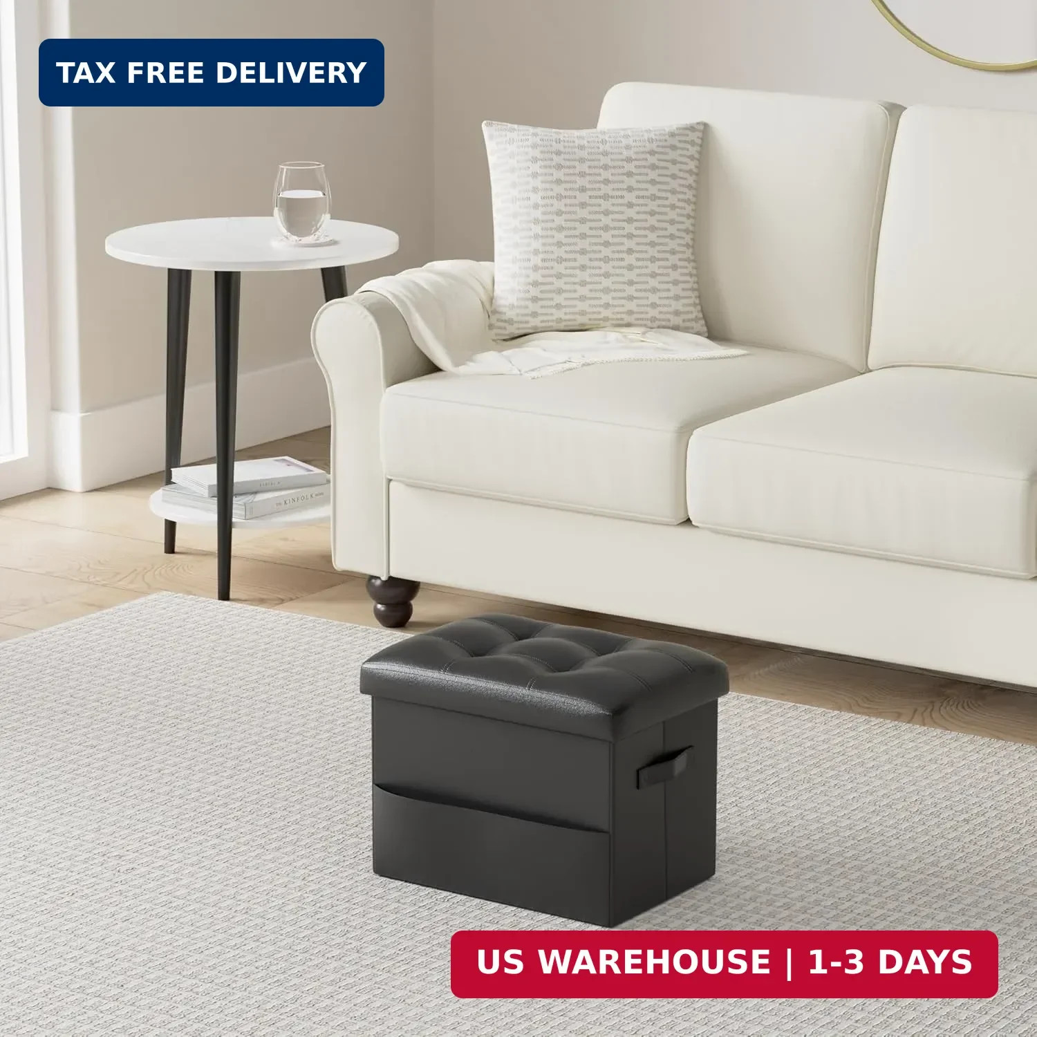 Storage Ottoman Foot Rest Stool with Thicker Foam Padded Seat. Foldable Leather
