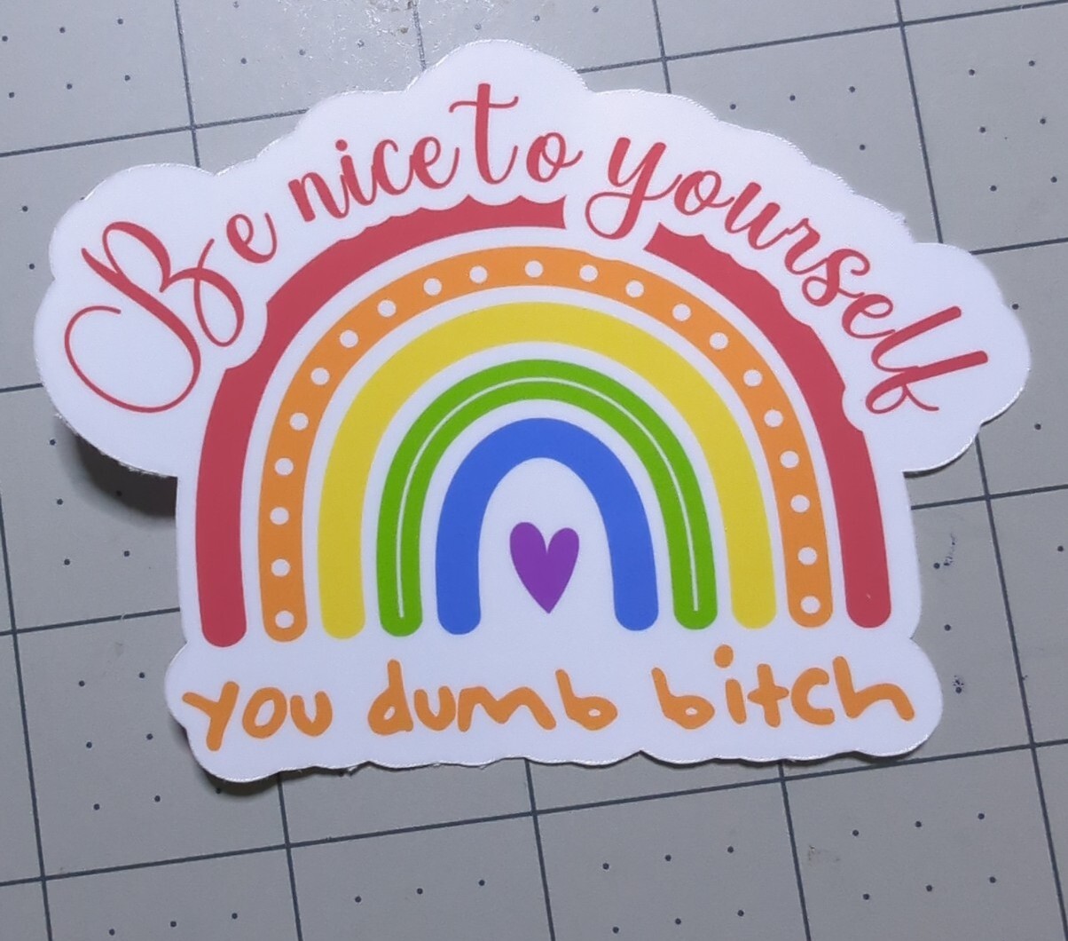 'Be nice to yourself / you dumb b*tch' 3×4" vinyl sticker choose clear or white