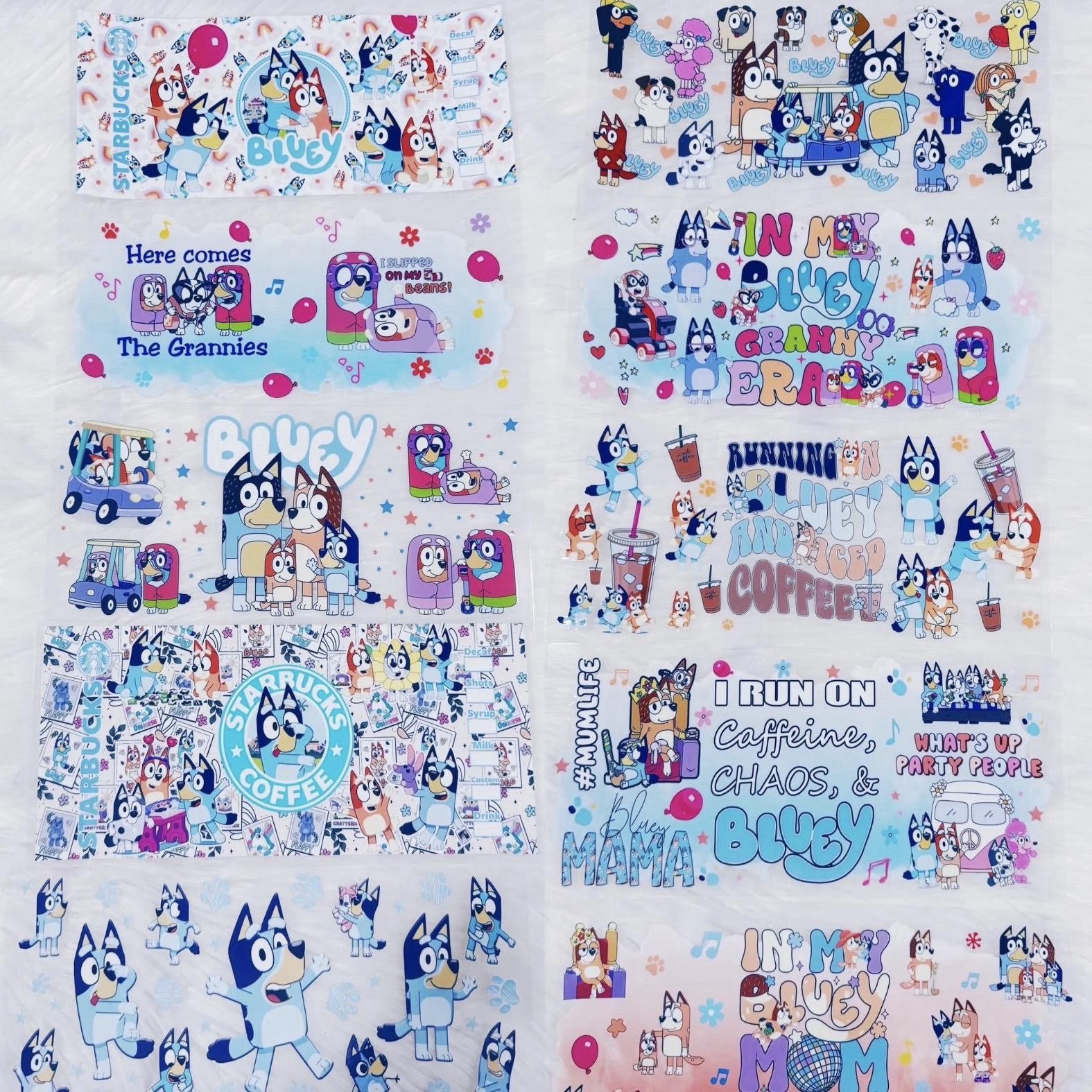 Bluey UV DTF Cup Wraps for 16 oz Glass Cups, 8 Sheets Transfers Variety