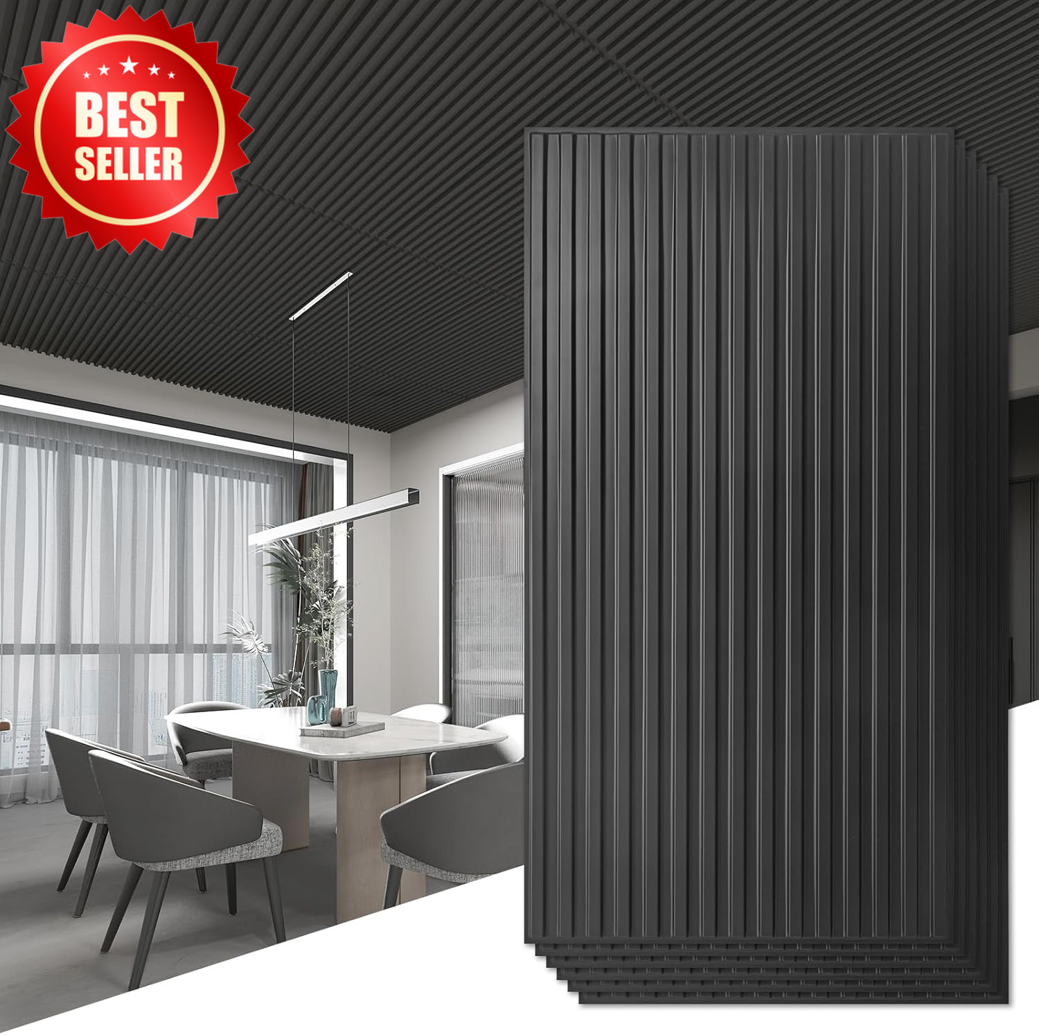 6 Pack Slat Design 3D Wall Panel 2×4 FT PVC Decorative Ceiling Tile Black US