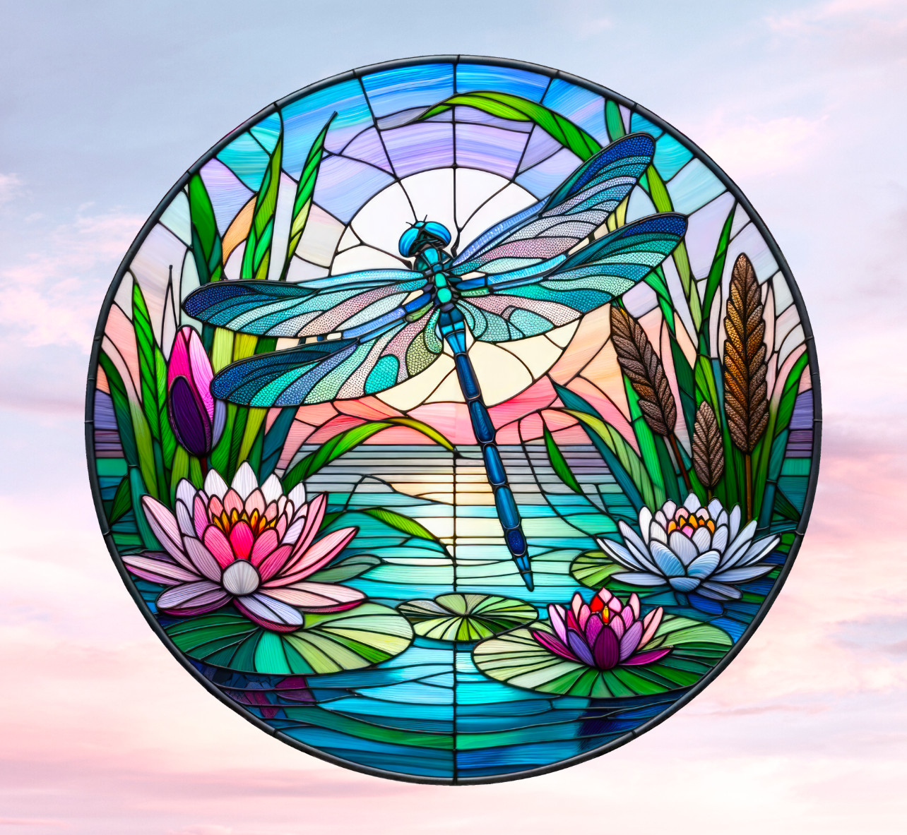 Dragonfly Water Lily Faux Stained-Glass WINDOW CLING Sun-catcher Size 8" Round
