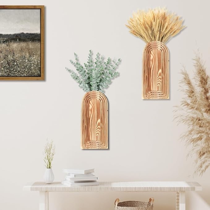 2 Pack Wooden Wall Vase Set Brown Farmhouse Boho Decor Hallway Entry