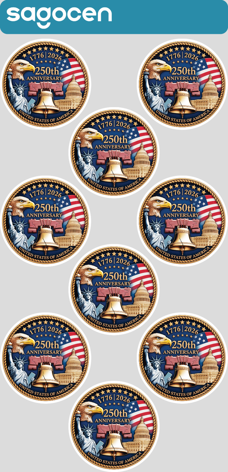 9pcs 250th Anniversary of USA Sticker Sheet 2" Patriotic Eagle Flag Liberty Bell