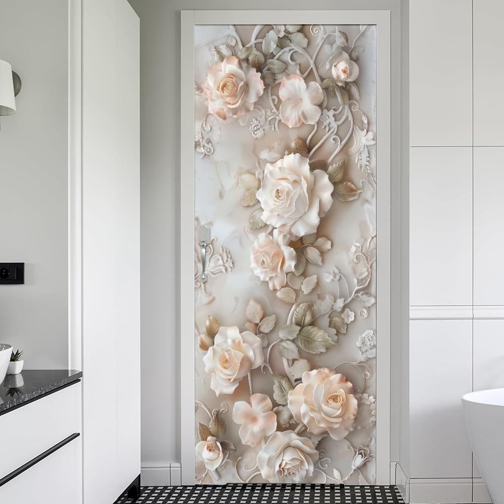REDAMANCY Modern Ivory Pink White Rose Florals Peel and Stick Door Stickers V…